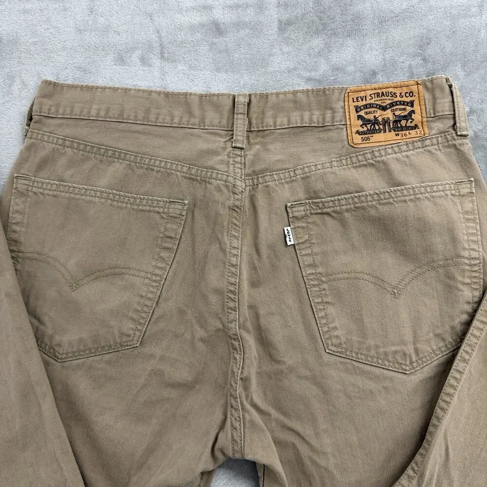Levis 505 Regular Straight Fit Jeans Mens 36x32 (Fits 34x28) Khaki Brown Denim
